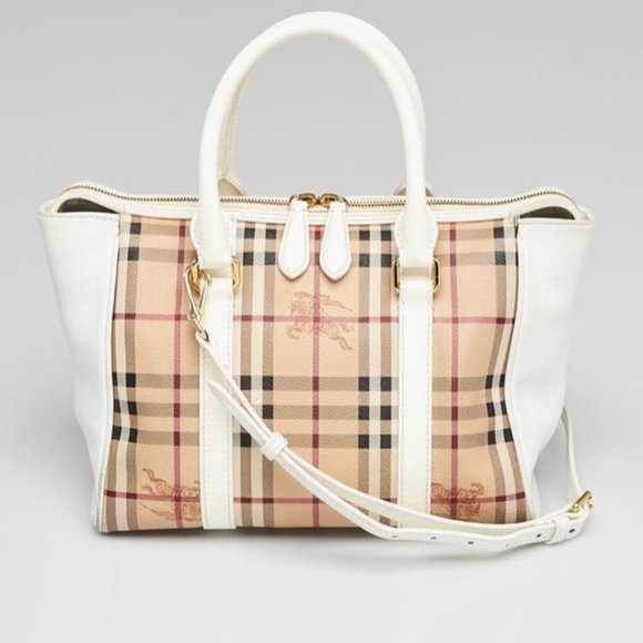 BURBERRY HAYMARKET PATENT COLOURS MEDIUM CHATTON CHECK TOTE WHITE - Picture 1 of 16
